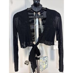 Good American Long Sleeve Tie Mesh Cover-Up Top in Black Sz Small Glam Party